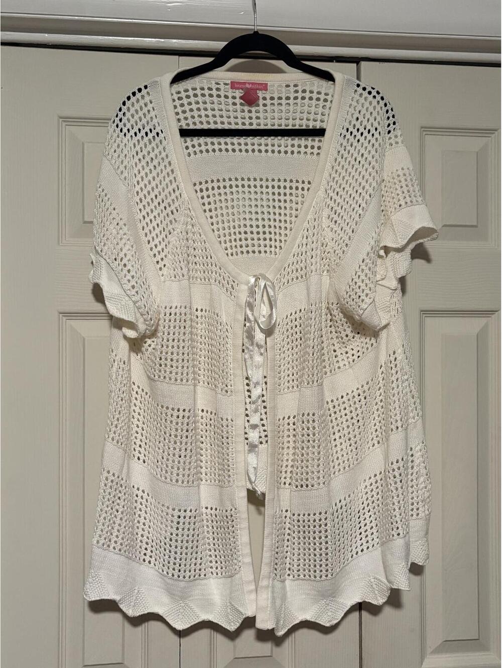 Woman Within White Crochet Knit Tie-Front Cardigan Coastal Cottagecore Layering